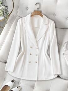 SHEIN Clasi Áo khoác blazer dài tay ôm sát thanh lịch hai hàng khuy ve ve dành cho nữ - trắng - Xem 3