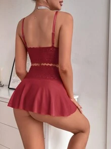 Seduluxe 2pcs/Set Lace Patchwork Sheer Wireless Sexy Lingerie Top & Skirt Set For Women Going Out