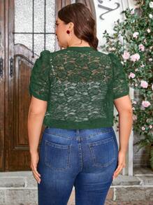 SHEIN Clasi 大码女式纯色蕾丝拼布短袖夹克 - 墨綠色 - 查看 2