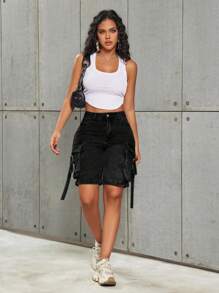 复古翻盖口袋带细节工装百慕大直筒牛仔裤/牛仔短裤