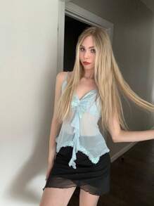 ROMWE Fairycore Summer Casual Bow Knot Embroidery Cami Top - Blue - View 3