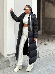 EURMUSE Women's Unique Style Quilted Warm Winter Puffer Long Down Coat - Black - View 3