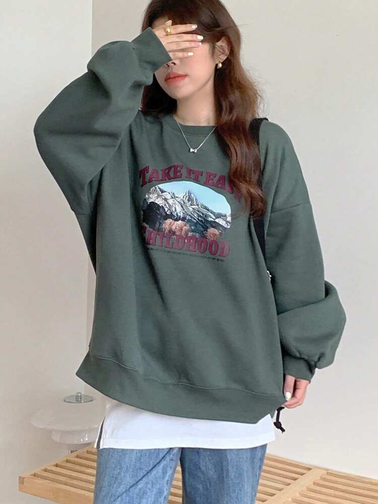 Women's Casual Letter Printed Crew Neck Thermal Lined Sweatshirt,Fall Clothes