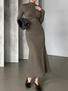 DAZY Women High Neck Bodycon Fishtail Hem Long Sleeve Midi Dress,Fall Dress - Khaki - View 4