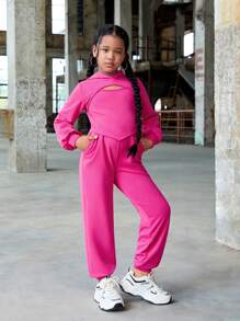 SHEIN Tween Girls Collegiate Casual Solid Knit Hooded Sweater And Drawstring Pants Set - Red - View 5