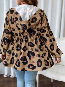 SHEIN LUNE Abrigo con capucha, estampado de leopardo, cordón ajustable en la cintura, para primavera y otoño, talla grande - Marrón - Ver 2