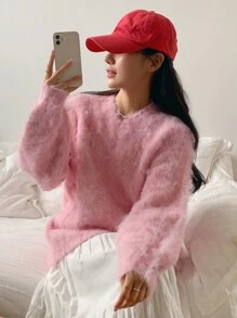 DAZY Women's V-Neck Oversized Fleece Long Sleeve Sweater,Fall Women Clothes - Pink - View 1