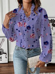 SHEIN LUNE Women's Long Sleeve Full Floral Print Frill Trim Casual Chic Blouse - Purple - View 1