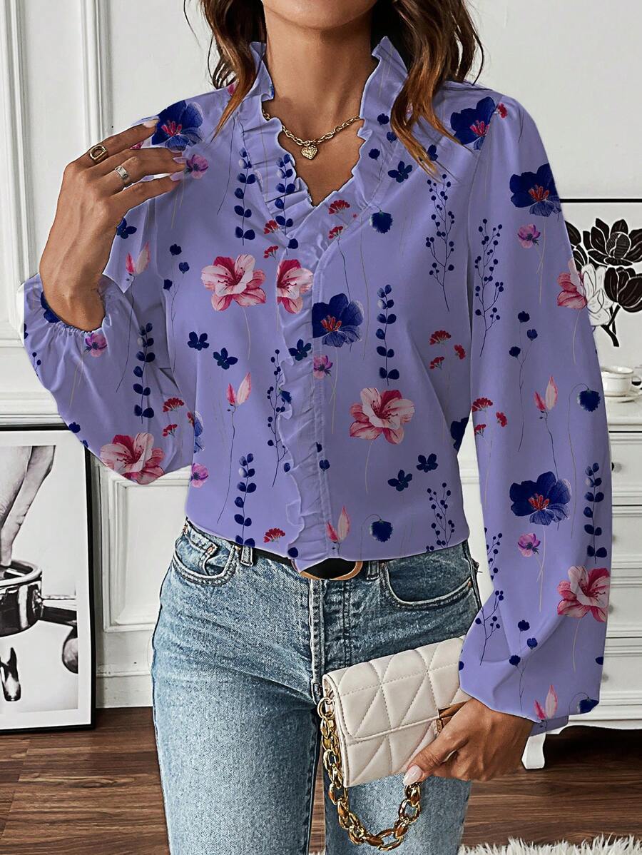 SHEIN LUNE Women's Long Sleeve Full Floral Print Frill Trim Casual Chic Blouse - Purple - View 1