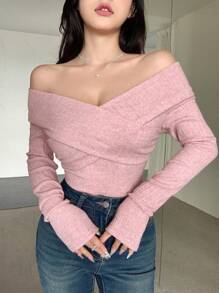 DAZY 情人节粉色露肩长袖T恤女士秋装 - 粉色 - 查看 4