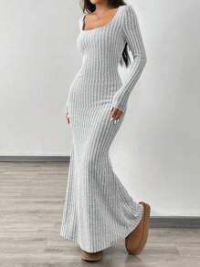 SHEIN EZwear 1 pieza Vestido largo de punto gris para mujeres - Gris - Ver 6