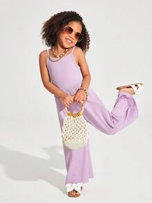 SHEIN Mono de punto informal de un solo color para niña pequeña, para primavera y verano - Morado - Ver 5