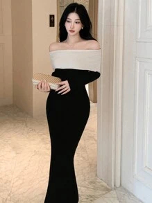 DAZY Women's Colorblock Off-Shoulder Elegant Long Sleeve Sweater Dress Off Shoulder,Fall Clothes - Black - View 1