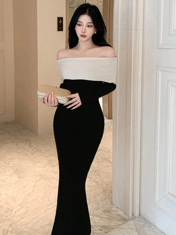 Women's Colorblock Off-Shoulder Elegant Long Sleeve Sweater Dress Off Shoulder,Fall Clothes