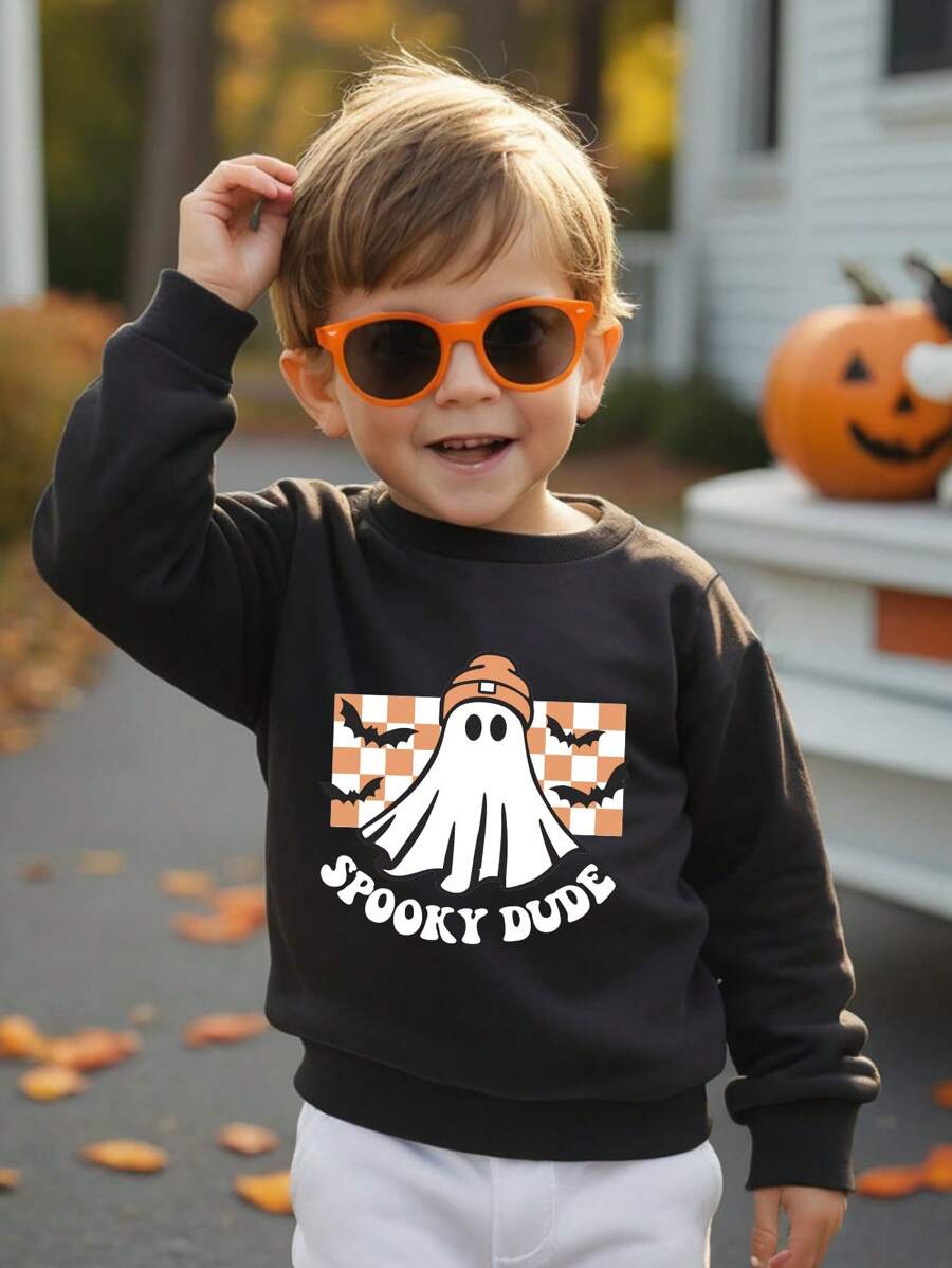 Áo nỉ dài tay cổ tròn thường ngày cho bé trai có in hình đồ họa, Halloween - màu đen - Xem 1