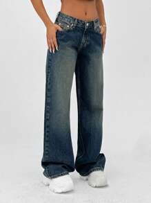 EURMUSE 100% Cotton SUPER LOW RISE WIDELEG CUT Y2K JEAN - Medium Wash - View 3