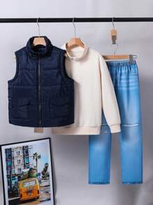 3pcs Tween Boys' Casual Warm Sleeveless Vest, Long Sleeve Sweatshirt And Pants Set - Navy Blue - View 1