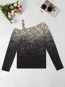 Áo thun vai in họa tiết sequin chuyển màu cho nữ, Áo sơ mi lấp lánh thời trang thường ngày cho tiệc năm mới, Tay dài - Nhiều màu - Xem 2