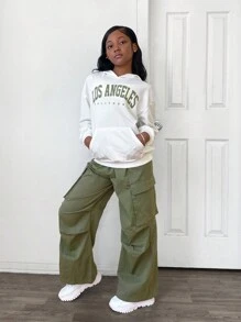 SHEIN 2 pièces Ensemble de Sweat-shirt à capuche décontracté et pantalon côtelé avec poches pour filles pré-adolescentes