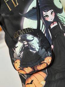 SHEIN 年轻女孩休闲优雅万圣节服装白衬衫领泡泡袖 A 字型黑色哥特风格南瓜哥特式印花连衣裙搭配印花黑色手提包，适合秋季、冬季、休闲、派对、生日、宴会、家庭聚会、万圣节 - 黑色 - 查看 6