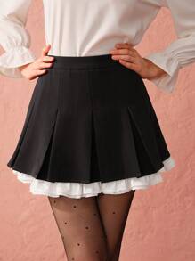 Enchnt Chân váy xếp ly chắp vá màu trơn cho nữ, ngày lễ thường ngày - màu đen - Xem 2