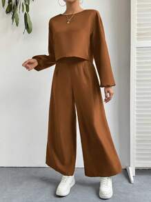 SHEIN Essnce 2 件女式船领长袖上衣和纯色休闲裤套装 - 棕色 - 查看 5