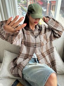 DAZY Women's Spring & Summer Plaid Pocket Loose Long Sleeve Blouse