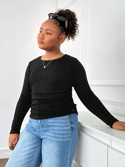 SHEIN Tween Girl Knit Fitted Round Neck Shirred Side T-Shirt