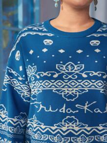 Frida Kahlo X SHEIN Suéter de punto clásico azul de cuello redondo suelto y suave en talla grande - Azul - Ver 5