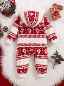 Baby Girl Fair Isle Pattern Fleece Hooded Jumpsuit, Holiday, For Christmas - Multicolor - View 2