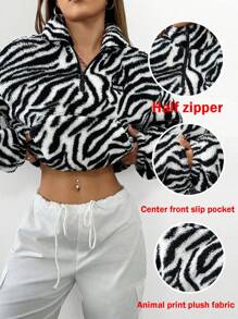 SHEIN EZwear 女士优雅迷人的拉链领长袖短款运动衫，斑马纹和毛茸茸的领口，秋冬长袖上衣 - 黑與白 - 查看 1