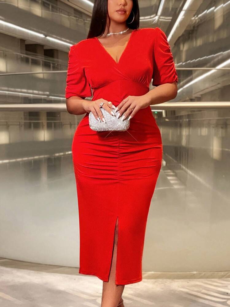 Cravure Plus Size V-Neck Short Sleeve Ruched Fitted Charming & Elegant Split Hem Dress For New Year Clothes Maxi Women Outfit Prom - Red - View 5