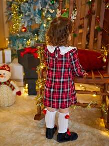 Baby Girls Cute Plaid Ruffle Collar Christmas Dress Clothes, For Spring & Autumn - Red - View 2