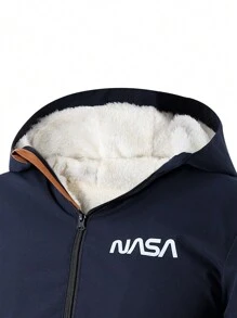 SHEIN Teenage Boys' Thickened Fleece Hooded Color Block Outdoor Sports Jacket Chic Outfits For Autumn/Winter - Royal Blue - View 4