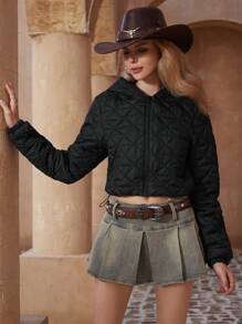 GENKIRA 百搭休闲学院风简约绗缝轻质短款加厚棉服外套冬季带帽衣服适合返校 - 黑色 - 查看 5