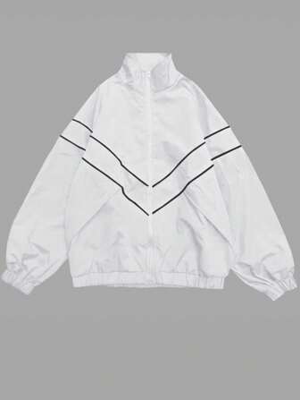 Manfinity Chaqueta casual holgada con cremallera y rayas de manga larga para hombre, primavera y otoño