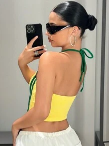 SHEIN ICON Parte superior de tirantes sin espalda a la moda con estampado de rayas y contraste de colores, top tipo deportivo Y2K para mujer