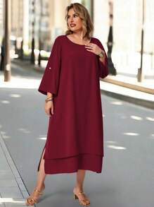 EMERY ROSE Plus Size Teacher Clothes Casual Fit Solid Color Round Neck Roll-Up Sleeve Casual Dress - Burgundy - View 4