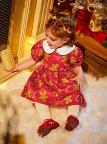 1 件装女婴圣诞节假期印花领腰褶边连衣裙，公主风格 - 彩色 - 查看 5