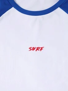 男士纯色拼布圆领长袖字母印花简约冲浪 T 恤 - 彩色 - 查看 4