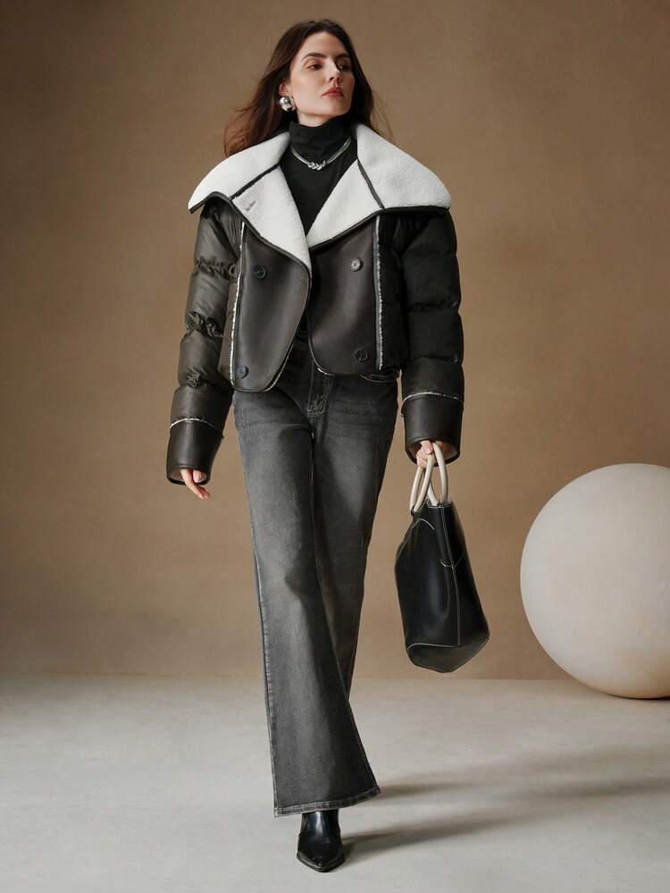 Thick Short Loose Faux Leather Panel Collar Jacket For Women