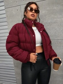 Plus Size Solid Color Front Zipper Long Sleeve Casual Padded Coat, Everyday Wear - Burgundy - View 3