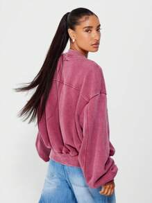 SUMWON WOMEN Áo nỉ giặt tay dài có khóa kéo quá khổ, tay áo phồng - Màu Đỏ Sâu - Xem 2