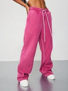 背面图案设计阔腿水洗运动裤 - 粉色 - 查看 4