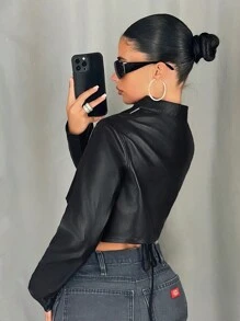 SHEIN ICON Áo khoác bomber đua xe thời trang Y2k Streetwear bằng da PU dài tay in chữ có khóa kéo cắt cúp thời trang xuân thu cho nữ - màu đen - Xem 2