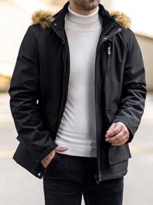 Manfinity Homme Men Hooded Fuzzy Zip-Up Long Sleeve Casual Street Wear Coat, Winter Clothes - Black - View 6