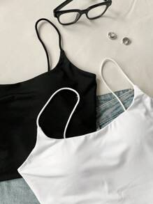 Comfortcana 2 件女士休闲百搭黑白拼色吊带背心 - 黑與白 - 查看 4