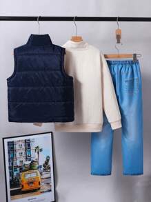 3pcs Tween Boys' Casual Warm Sleeveless Vest, Long Sleeve Sweatshirt And Pants Set - Navy Blue - View 2