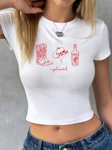 Flirla 女士短款牛仔女郎龙舌兰 Y2K 风格短款 T 恤图案 T 恤女士上衣 - 白色 - 查看 1