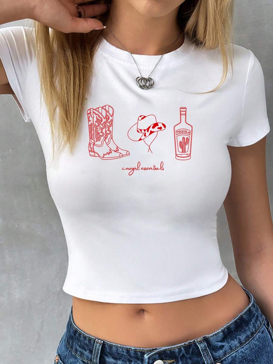 Flirla 女士短款牛仔女郎龙舌兰 Y2K 风格短款 T 恤图案 T 恤女士上衣 - 白色 - 查看 1